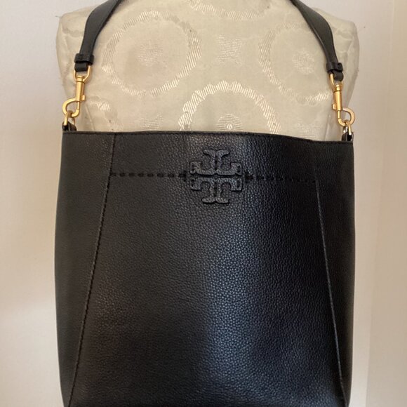 TORY BURCH McGRAW MEDIUM BUCKET BAG in BLACK PEBBLED LEATHER HOBO PURSE TOTE - Picture 5 of 16